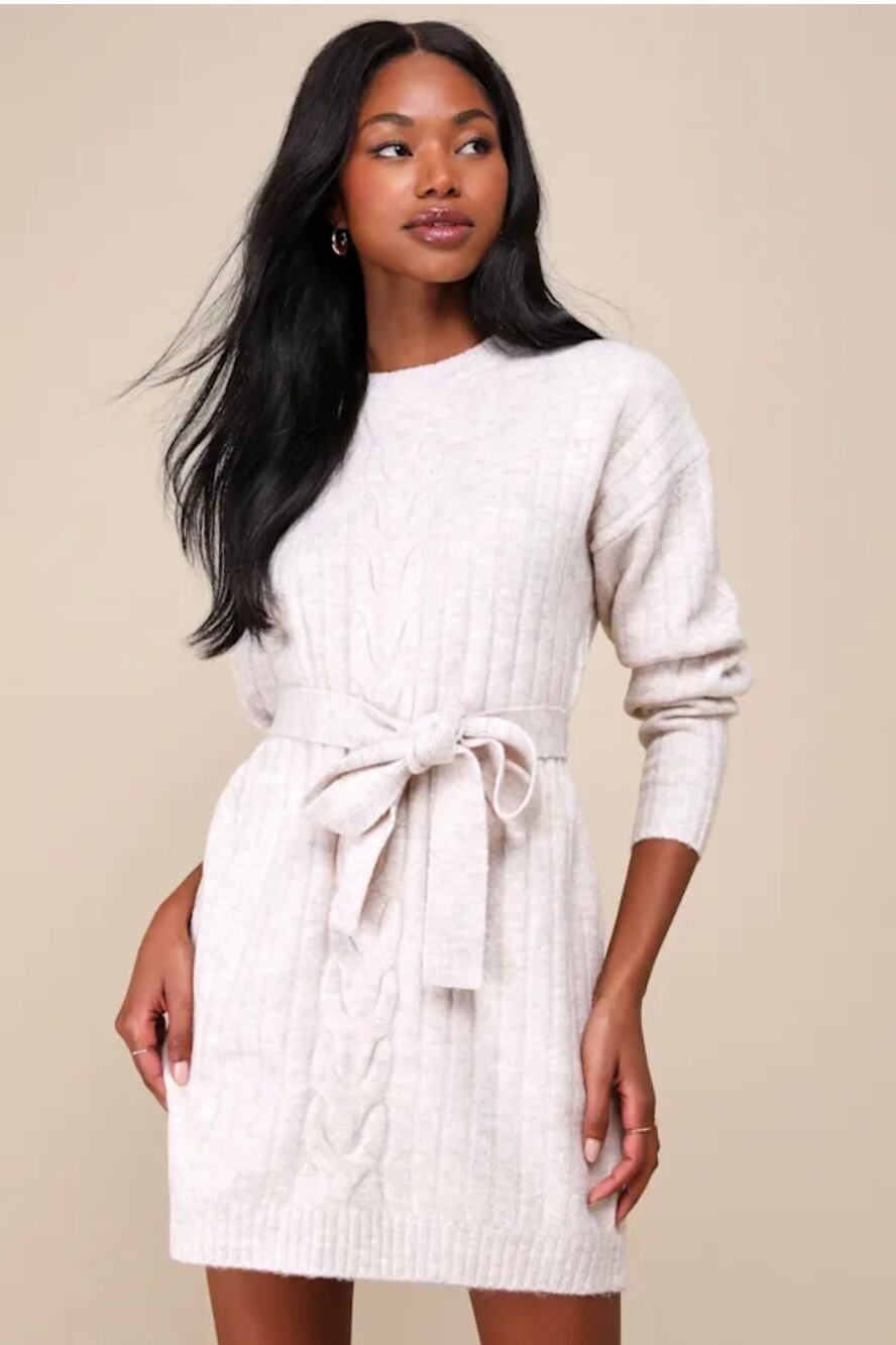 Lulus Wishing on Winter Cable Knit Sweater Dress Medium Cream Belted Wool Blend